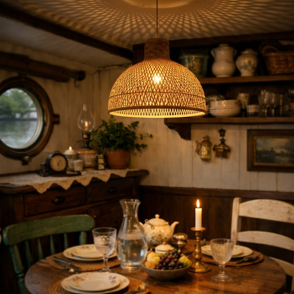 Bamboo dome pendant light perfectly positioned over a modern kitchen island for natural lighting.