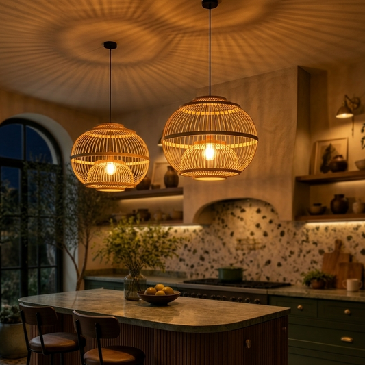 Modern bamboo lantern pendant light perfect for illuminating kitchen islands with warm light