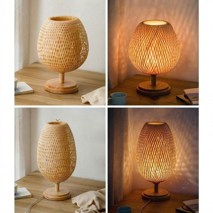 Compact rattan desk lamp designed for home office workspaces, providing efficient and sustainable task lighting.