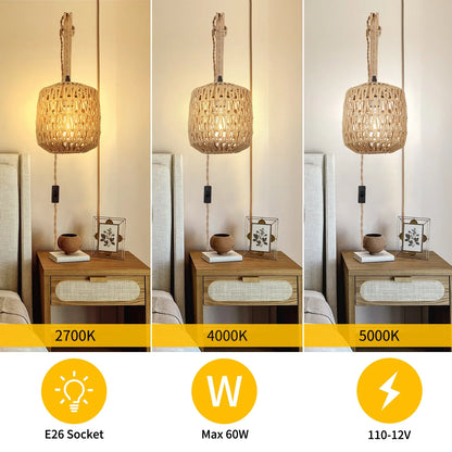 Three views of a pendant light on a nightstand with color temperature labels and specifications.
