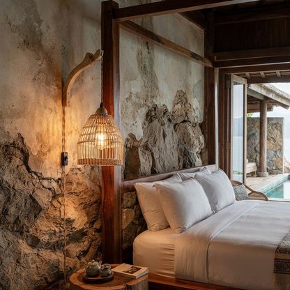 A rustic bedroom interior with a wooden bed frame, white bedding, textured stone walls, a warm wall lamp, and an open view to a pool and distant landscape.