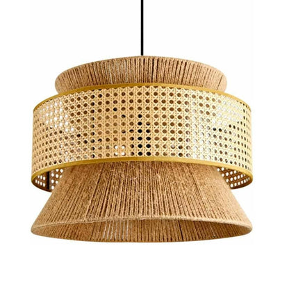 Layered rope wrapped conical chandelier highlighting a woven Vienna straw grid band that diffuses a warm interior glow.