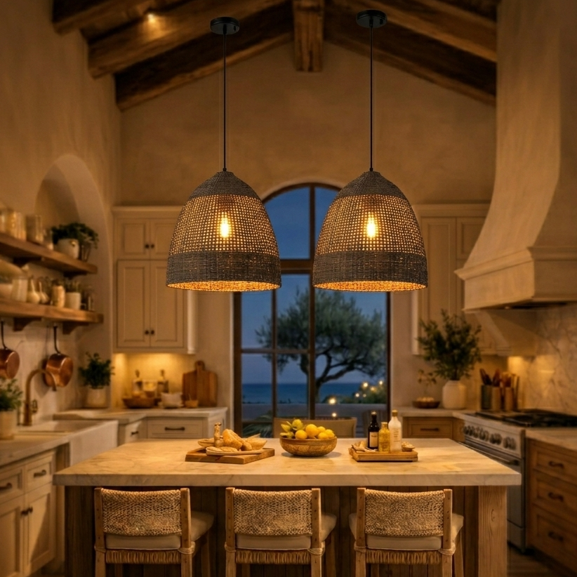 Black Bamboo pendant light hanging over a kitchen island to create a natural, bright, and welcoming space.