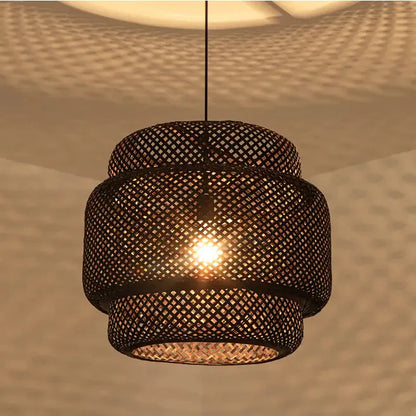 Eco-friendly bamboo pendant light, unique handwoven design for sustainable decor.
