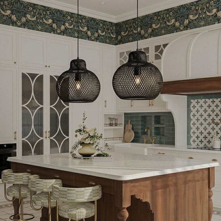 Black Farm house  Functional bamboo hanging light, great as task lighting over kitchen islands, sphere silhouette.