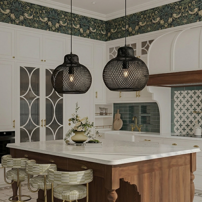 Black Farm house  Functional bamboo hanging light, great as task lighting over kitchen islands, sphere silhouette.