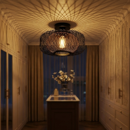 Inviting black mesh flush mount ceiling light installed in a stylish home entryway.