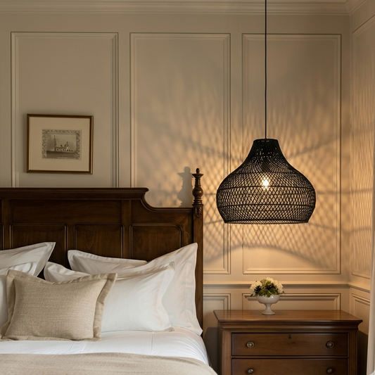Serene rattan dome ceiling lamp for a master bedroom, promoting a restful sleep environment.