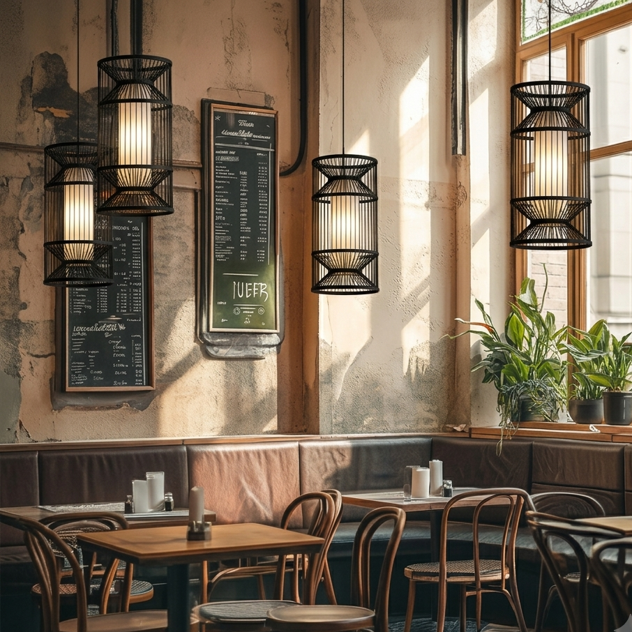 endant light featuring an organic modern bamboo cylindrical cage, creating warm and inviting mood lighting for a cozy coffee house setting.
