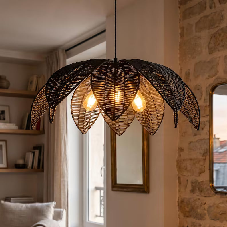 Sculptural lighting in modern rattan leaf style, perfect for resort interior design, providing natural, soothing light.