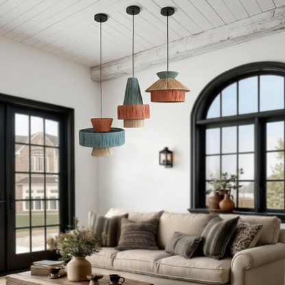 Handcrafted boho artisan raffia chandelier for a cozy living room decor