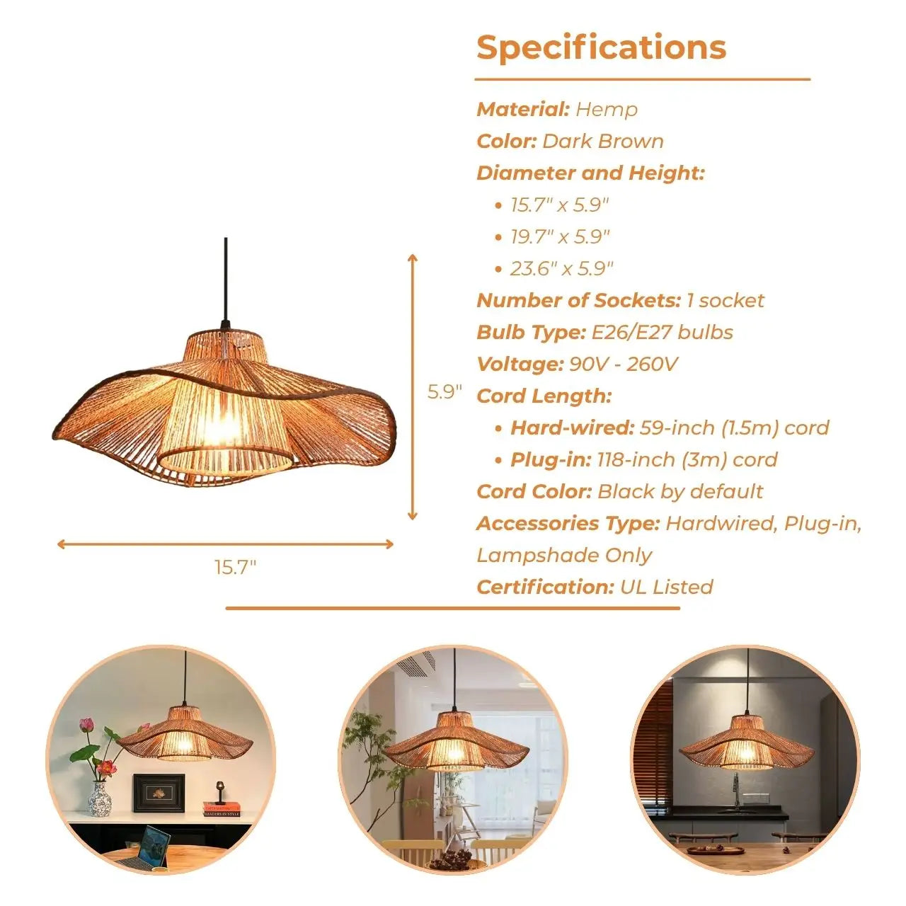 Bohemian style natural hemp pendant light perfect for relaxed and trendy spaces.