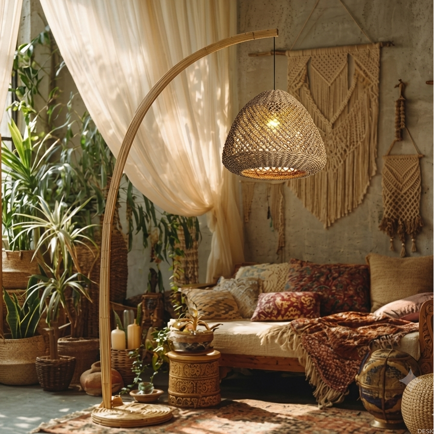 Bohemian style natural jute pendant light perfect for relaxed, natural, and trendy interior spaces.