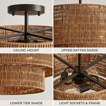 Bohemian style natural rattan 2-tier light perfect for relaxed and trendy boho-chic spaces.