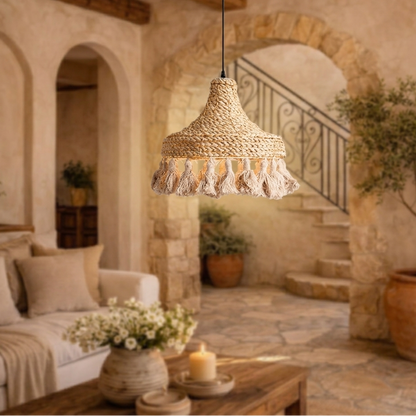 Bohemian inspired woven tassel pendant light ideal for a trendy, relaxed boho chic interior.