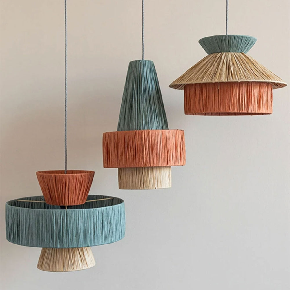 Bohemian style woven pendant lighting with natural raffia and warm colors