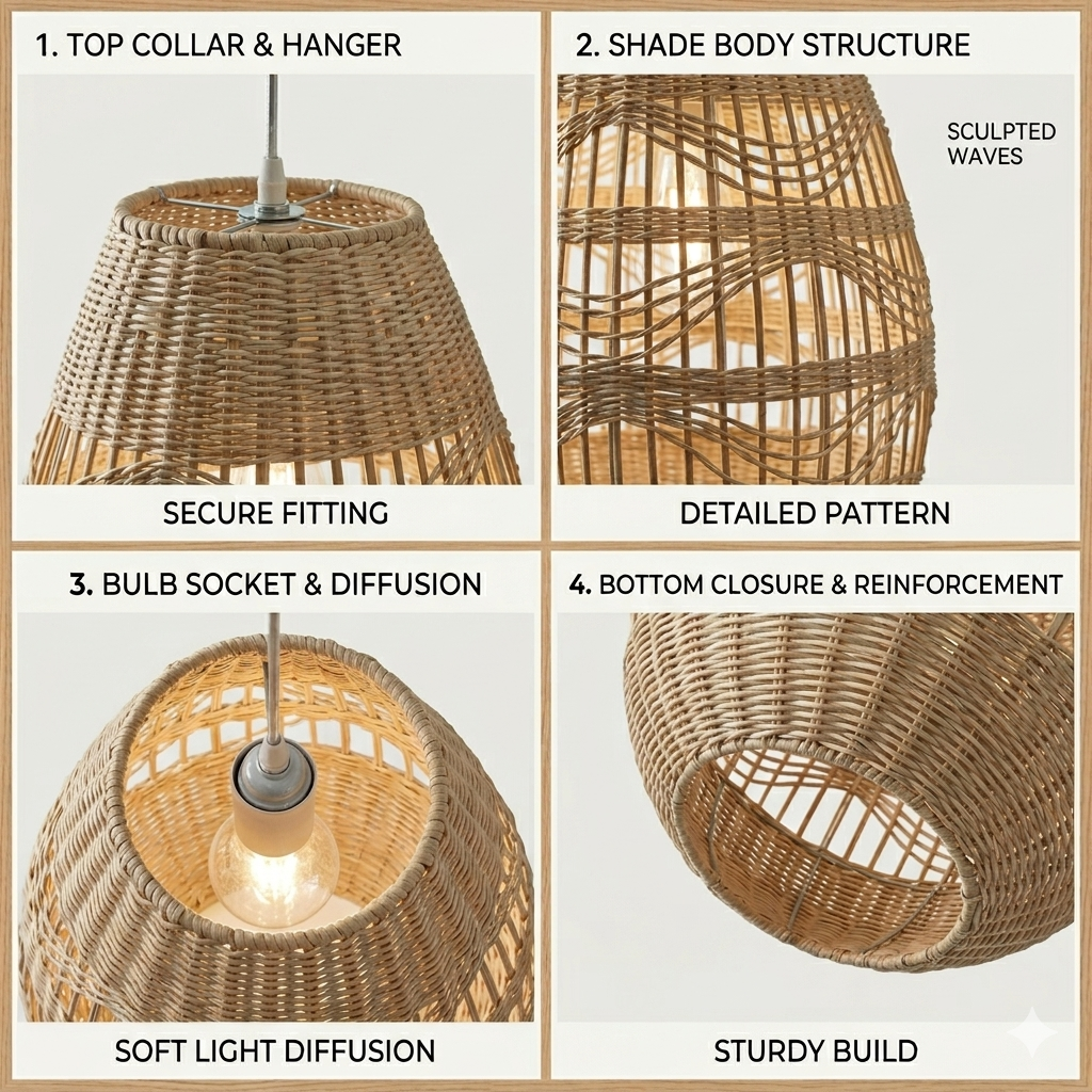 Bohemian texture rattan hanging fixture, adding an eclectic boho-chic vibe to stylish home interiors.
