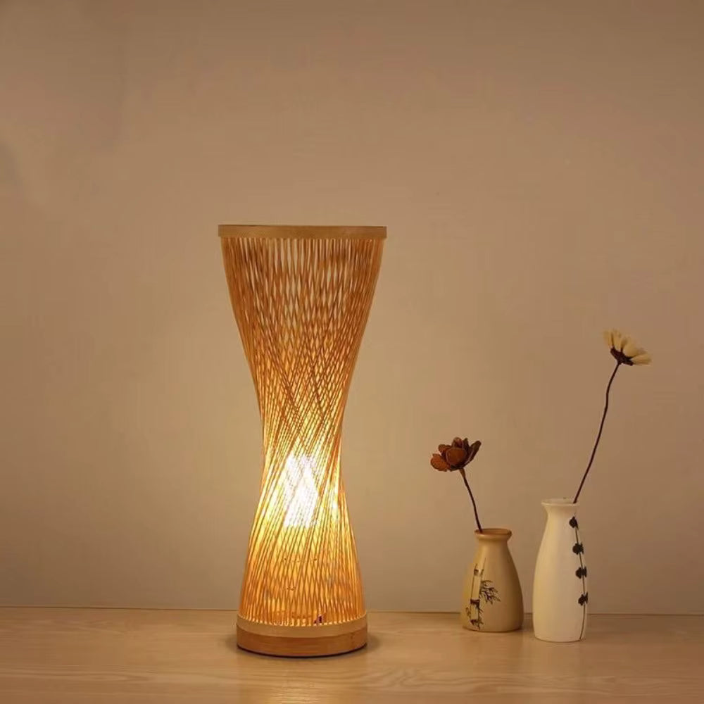 Bohemian style boho table lamp and desk lamp featuring textured natural weaving for a relaxed living room.