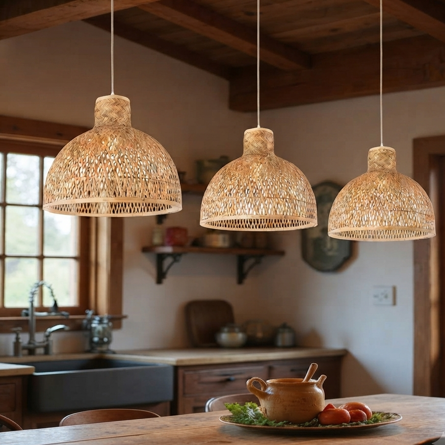 A view of a warm, rustic kitchen interior looking across a long, aged wooden dining table.