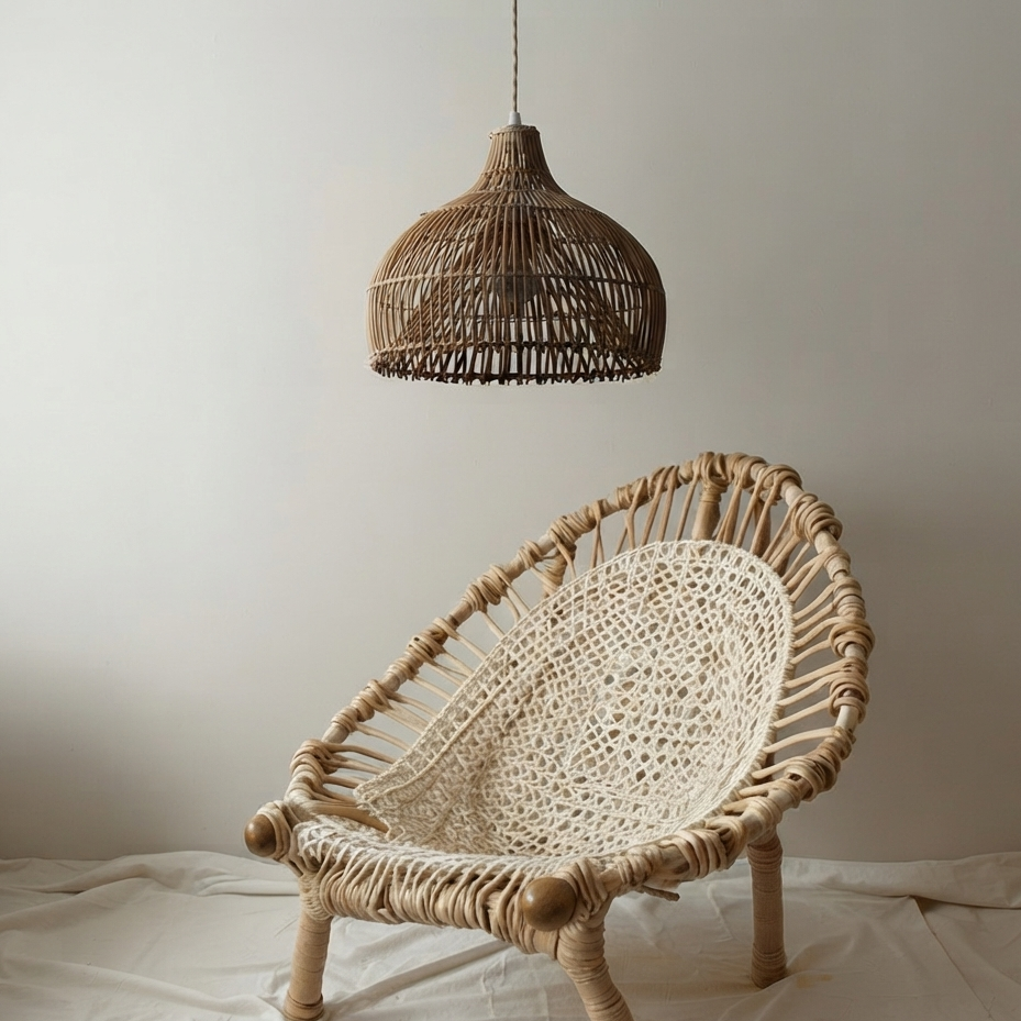 Bohemian inspired bamboo woven pendant light adding warmth to a room.