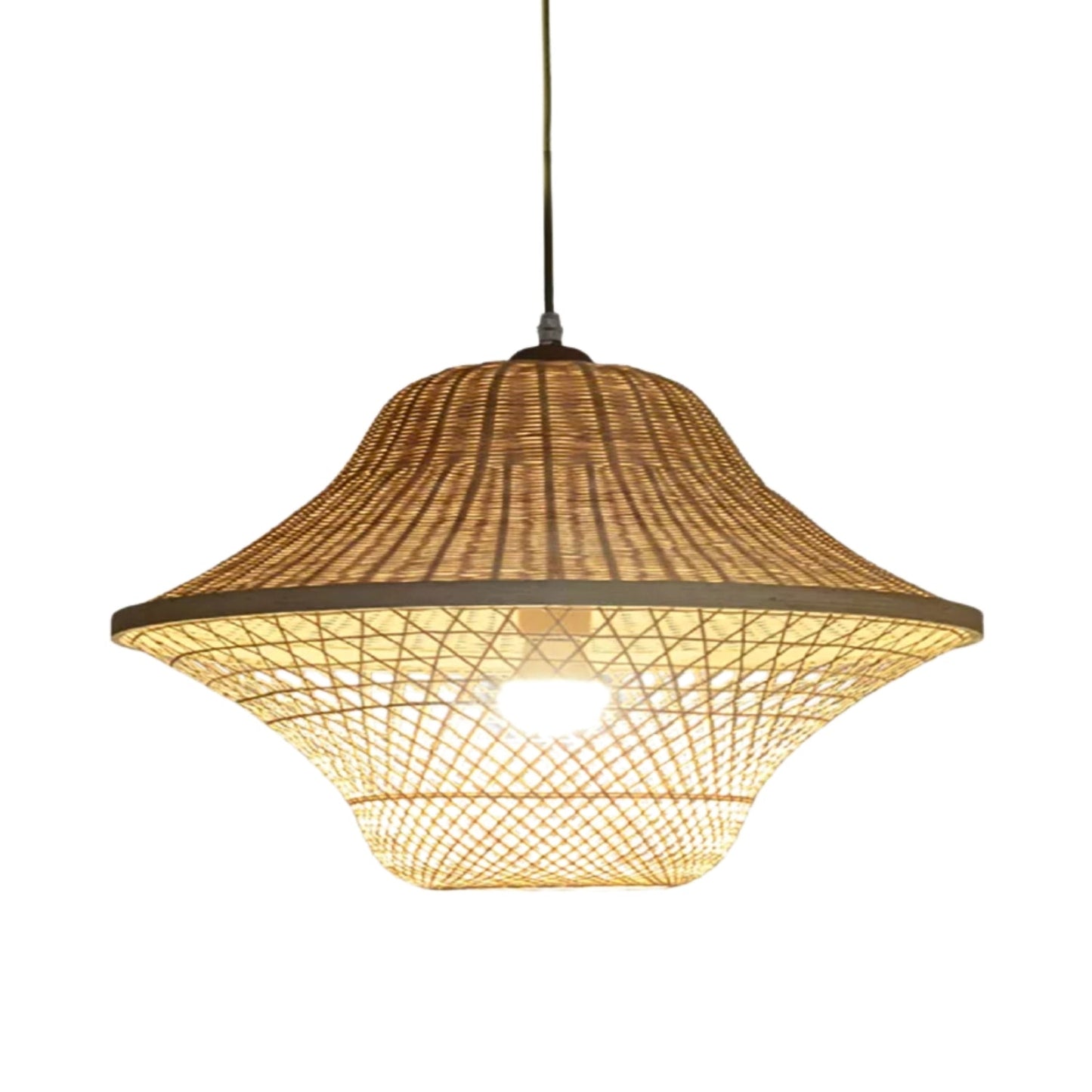 Boho chic multi-tier rattan pendant grouping with a long cone shade and open-weave domes casting grid patterns.
