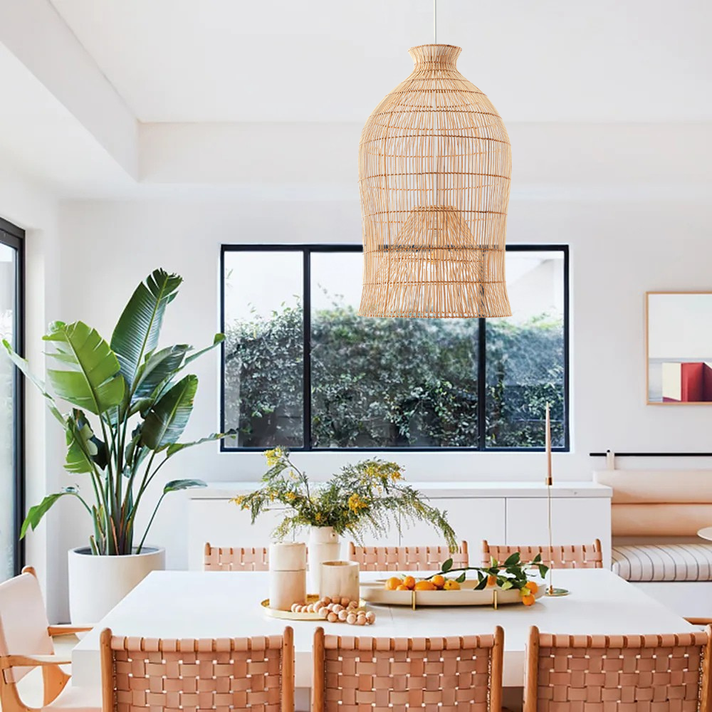 Boho chic natural fiber pendant light adding texture to home dining areas