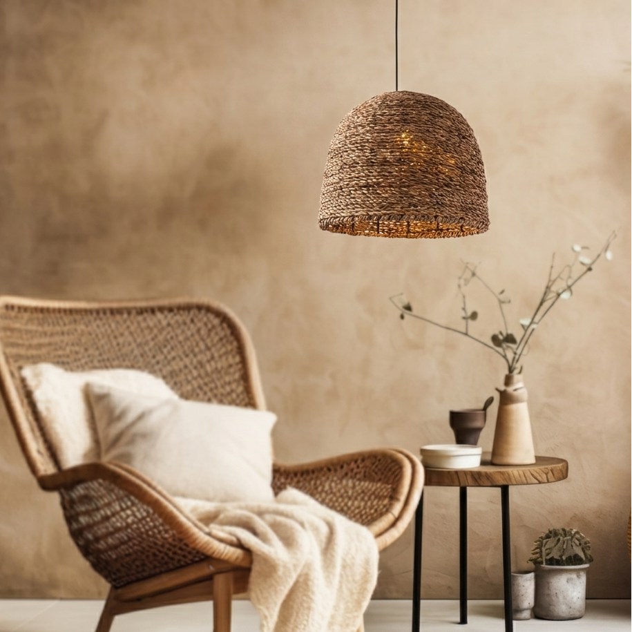 Bohemian style woven pendant light for modern boho interior design.