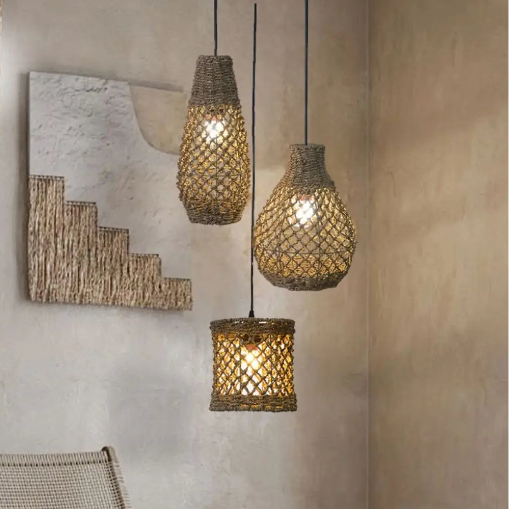 Boho chic woven jute hanging fixture, adding a relaxed, worldly, and bohemian flair to any space.