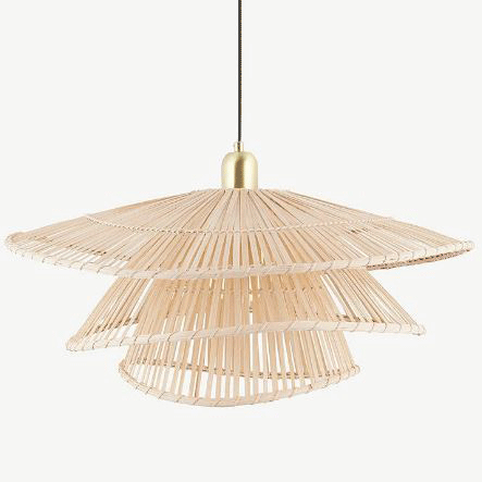  Boho chic woven straw hanging light complementing a rustic interior with organic textures.