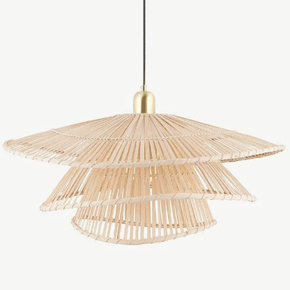  Boho chic woven straw hanging light complementing a rustic interior with organic textures.
