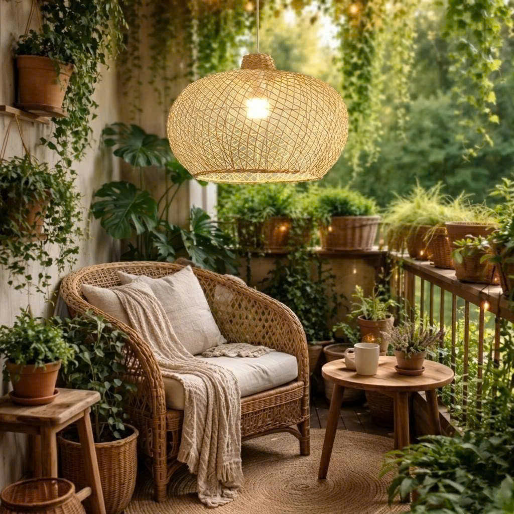 Handwoven rattan pendant light adding a cozy, boho touch to a balcony seating area