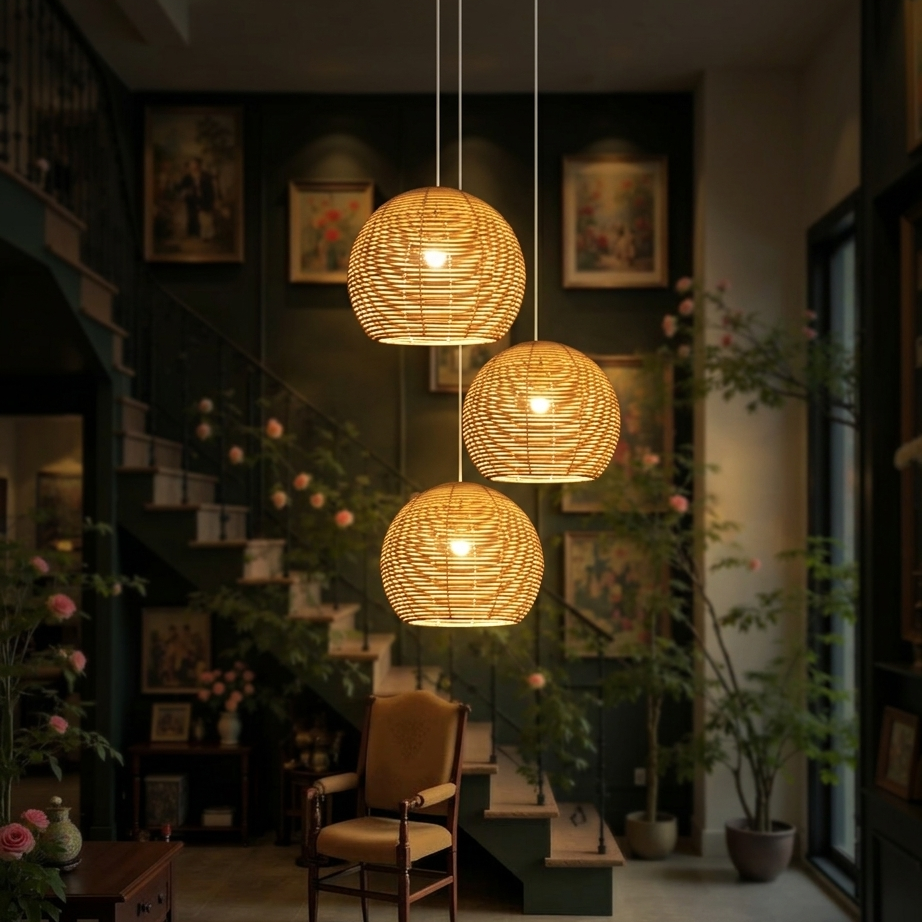 Handwoven rattan pendant light creating a warm welcome in a minimalist hallway