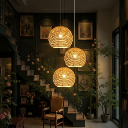 Handwoven rattan pendant light creating a warm welcome in a minimalist hallway