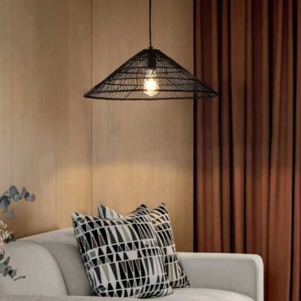 Boho rustic wire woven pendant lighting, close-up detail