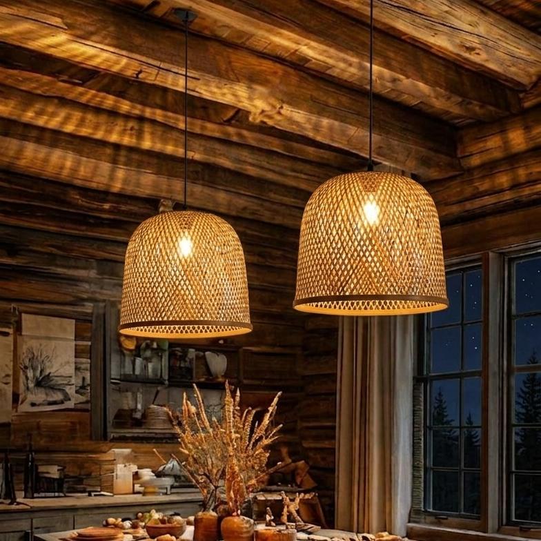 Boho style bamboo hanging light suspended over a dining table for a warm gathering space.
