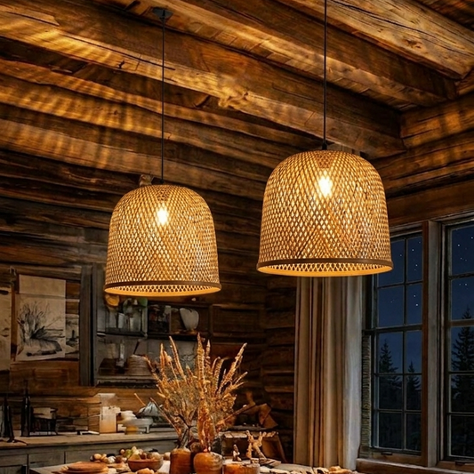 Boho style bamboo hanging light suspended over a dining table for a warm gathering space.