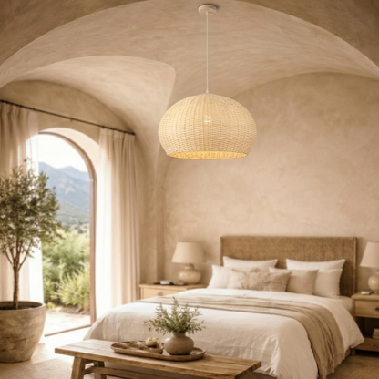 Boho style natural fiber ceiling light fixture perfect for cozy bedroom decor