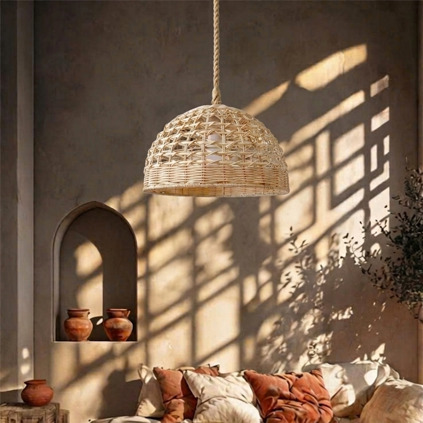 Boho chic woven dome pendant light perfect for adding an exotic and relaxed vibe to room styling.