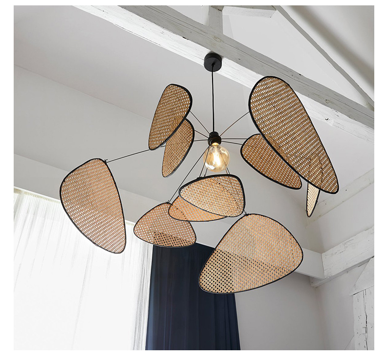 Traditional French webbing chandelier reconstructed into a modern multi-panel premium cane hanging light