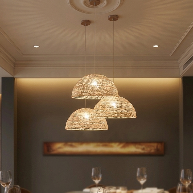 Cascading rattan and wicker pendant shades with internally exposed glowing light bulbs in a neutral-toned room.
