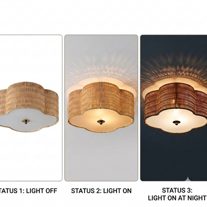 Ethically sourced ceiling lamp with rattan scalloped weave, creating a pure atmosphere in the bedroom.