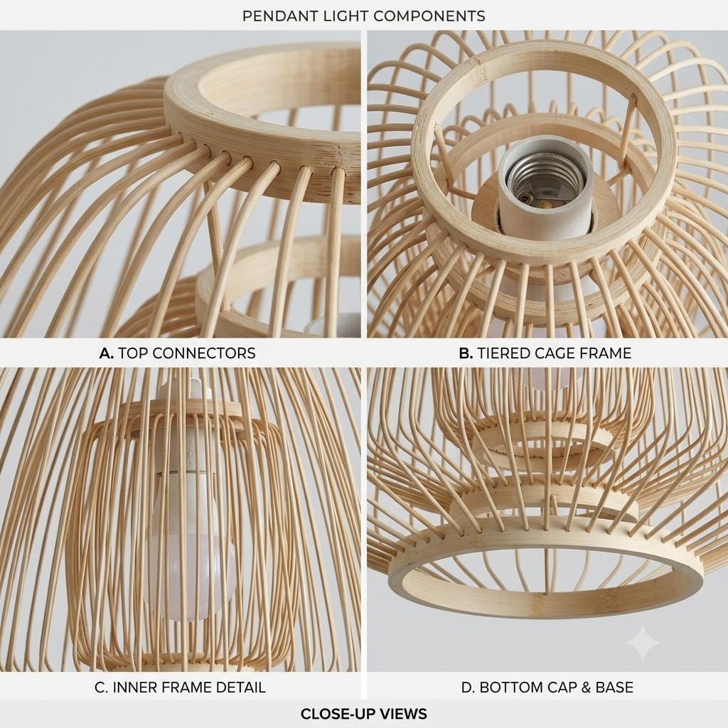 Biodegradable ceiling pendant made of hand-crafted bamboo frame, ideal for healthy living room environments.