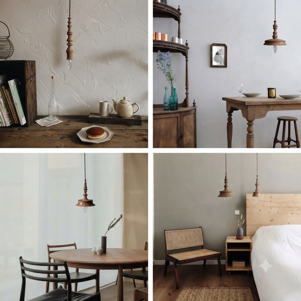 Ceiling pendant in modern turned wood style, ideal for kitchen lighting, providing functional task light.