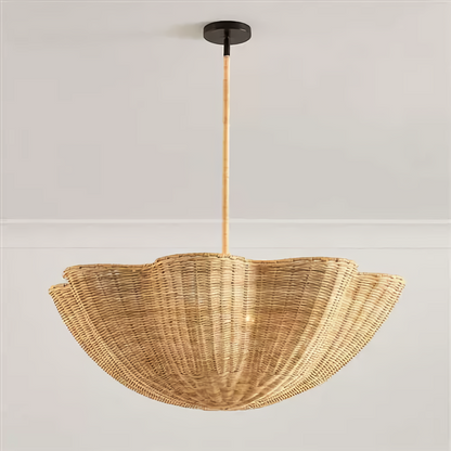 Non-toxic ceiling pendant crafted from raw rattan fiber, suitable for a breathable entryway.