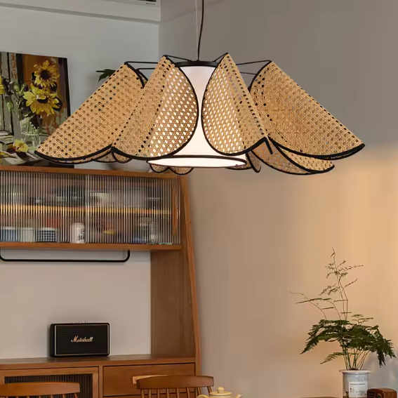 Ceiling pendant in organic rattan and fabric, handmade for a healthy kitchen atmosphere, offering unique task lighting.