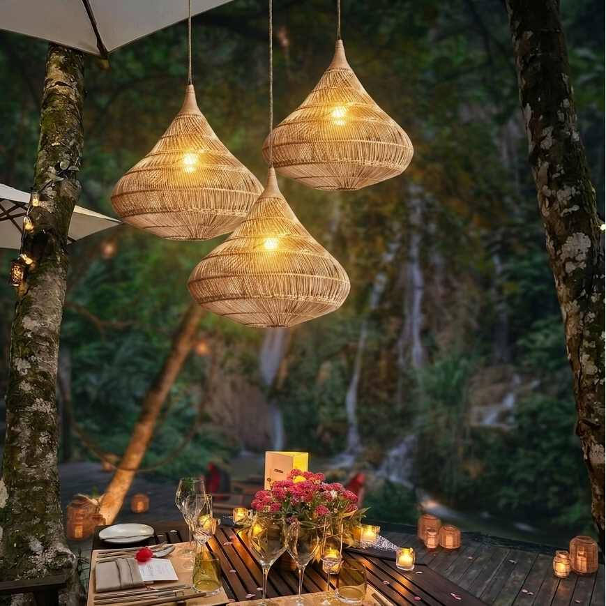 Quiet luxury lighting ceiling pendant in natural rattan for a luxury resort.