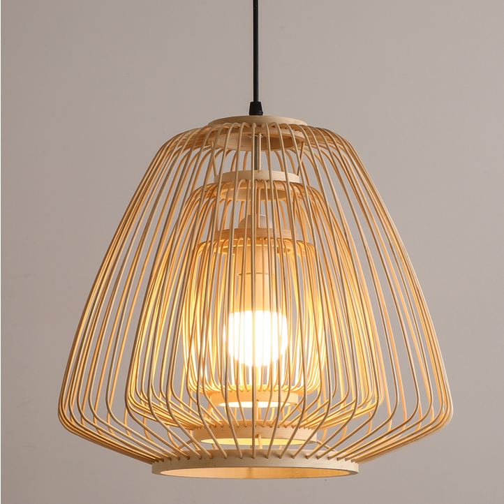 Ceiling pendant highlighting raw organic bamboo tiered cage materials for a minimalist earthy home aesthetic.