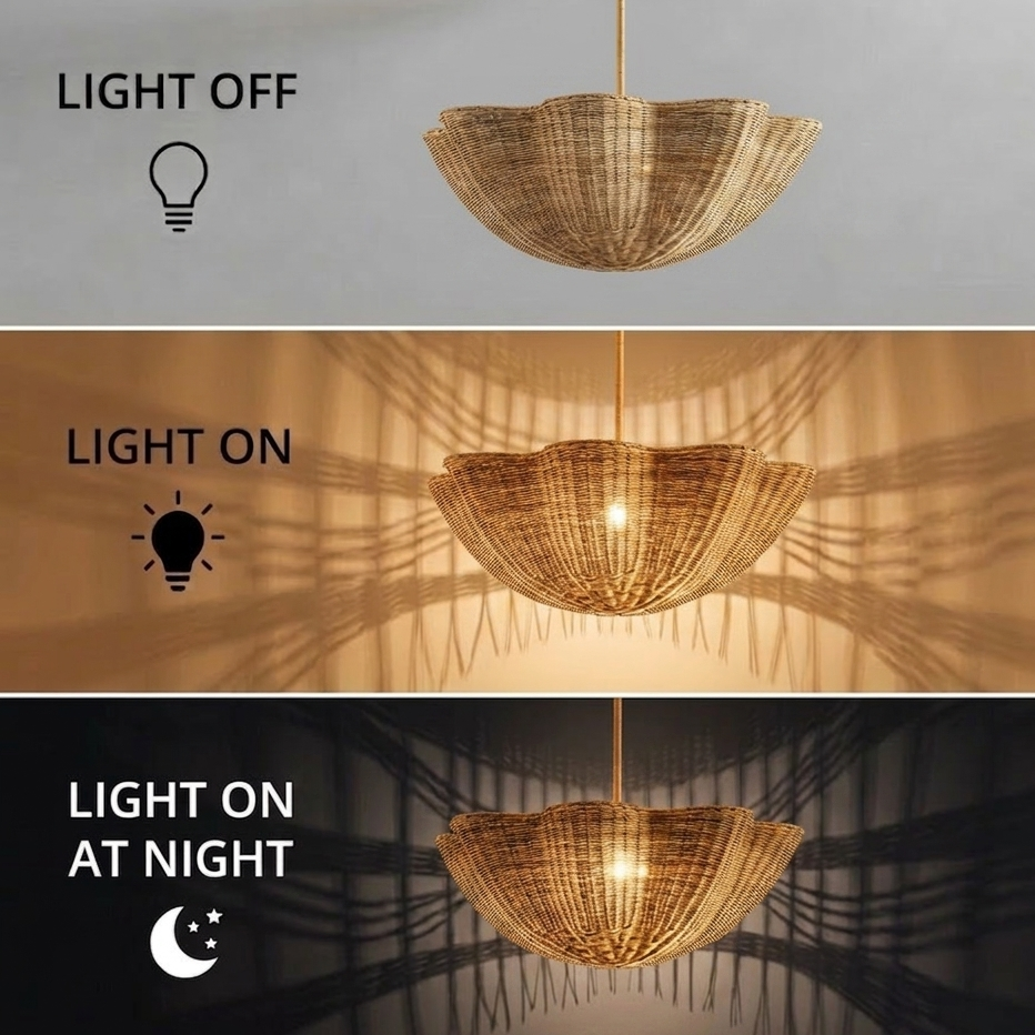 Ceiling pendant highlighting raw woven rattan materials for a minimalist earthy home aesthetic.