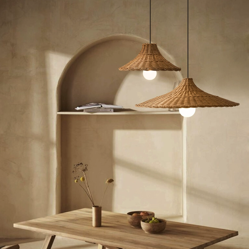 Wabi-sabi ceiling pendant made of hand-woven bamboo, adding cozy vibes to the living and dining room