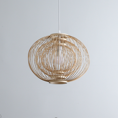 Wabi-sabi ceiling pendant in natural bamboo, used as a unique alternative to a bedroom nightstand lamp.